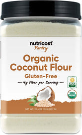 Nutricost Pantry Organic Coconut Flour package on counter for gluten-free baking.