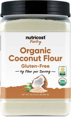 Nutricost Pantry Organic Coconut Flour package on counter for gluten-free baking.