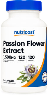 Nutricost Passion Flower Extract bottle front with branding and serving information for daily use.
