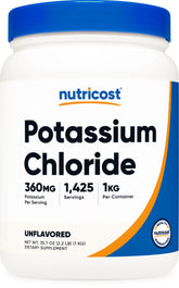 Nutricost potassium chloride powder bottle, 1kg, for daily use