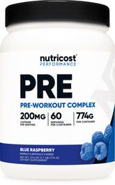 Nutricost Pre-Workout blue raspberry bottle with caffeine boost for workouts.