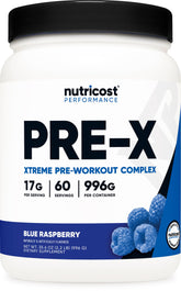 Nutricost Pre-X Xtreme blue raspberry bottle highlights flavor and energy.