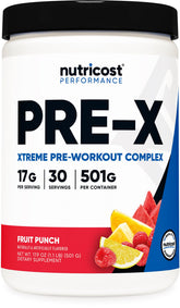 Nutricost Pre-X Xtreme Fruit Punch powder tub ready for pre-workout energy.