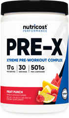 Nutricost Pre-X Xtreme Fruit Punch powder tub ready for pre-workout energy.