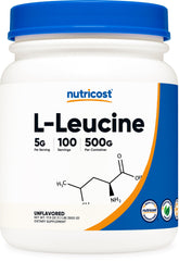 Nutricost L-Leucine powder bottle shows premium workout support.