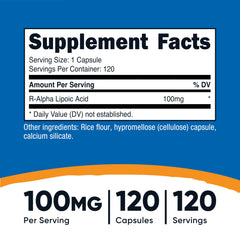 Nutricost R-ALA veggie capsules 120-serving package for easy daily supplementation.