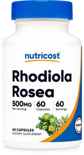 Nutricost Rhodiola Rosea 500mg bottle label highlights 500mg formula and daily focus.