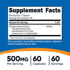 Nutricost Rhodiola Rosea capsules close-up showing vegetarian capsules for daily wellness.