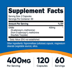 Nutricost SAM-e bottle side shows gluten-free, vegetarian-friendly formula notes.