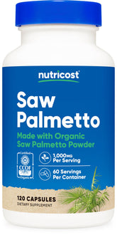 Nutricost Saw Palmetto bottle label highlights organic sourcing and gluten-free promise