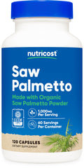 Nutricost Saw Palmetto bottle label highlights organic sourcing and gluten-free promise