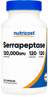 Nutricost Serrapeptase bottle showing 120,000 SPU per capsule for daily wellness.