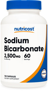 Nutricost Sodium Bicarbonate bottle front view for easy daily 2500 mg servings.