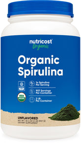 Nutricost Organic Spirulina powder 2lb bottle with label, convenient protein source for smoothies.