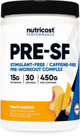 Nutricost Stim-Free Pre-Workout Peach Mango bottle shown for caffeine-free workout support