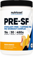 Nutricost Stim-Free Pre-Workout Peach Mango bottle shown for caffeine-free workout support
