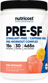 Nutricost Stim-Free Pre-Workout pink lemonade bottle for caffeine-free workouts.