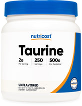 Nutricost Taurine Powder 500g bottle on shelf, showcasing clean formula and quality manufacturing