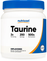 Nutricost Taurine Powder 500g bottle on shelf, showcasing clean formula and quality manufacturing