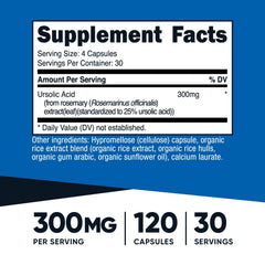 Nutricost Ursolic Acid 300mg bottle back label shows ingredients and purity standards