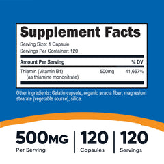 Nutricost Vitamin B1 bottle label displaying 500mg capsules