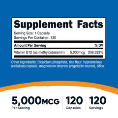 Nutricost B12 capsule exterior view highlighting vegetarian format and 5000mcg dosage.