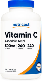 Nutricost Vitamin C 500mg bottle front view, ready for daily use