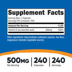 Nutricost Vitamin C 500mg bottle label highlighting quality testing