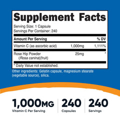 Nutricost Vitamin C with Rose Hips capsules close-up showing 1025mg per serving