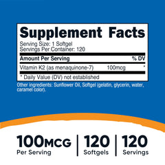 Nutricost Vitamin K2 MK-7 bottle label closeup highlighting 100 mcg per serving.