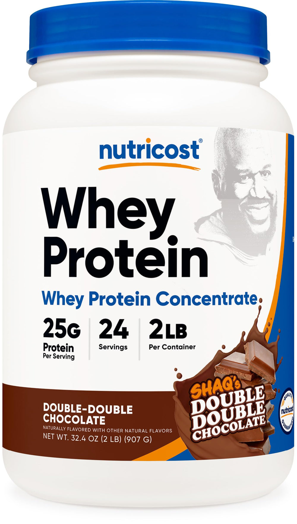 Nutricost Whey Protein Concentrate bottle featuring Shaq's Double Double Chocolate for post-workout fuel.