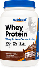 Nutricost Whey Protein Concentrate bottle featuring Shaq's Double Double Chocolate for post-workout fuel.