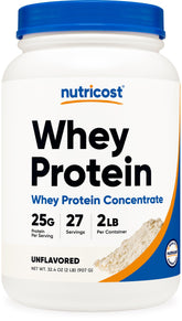 Nutricost Whey Protein Concentrate unflavored 2lbs bottle for versatile shakes.