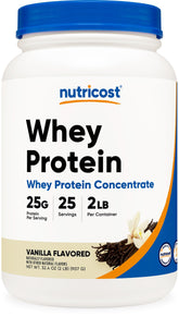 Nutricost Vanilla Whey Protein bottle illustrating 28 servings for daily use