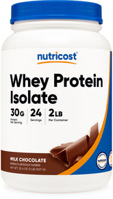 Nutricost Whey Protein Isolate Milk Chocolate tub for post-workout protein boost.