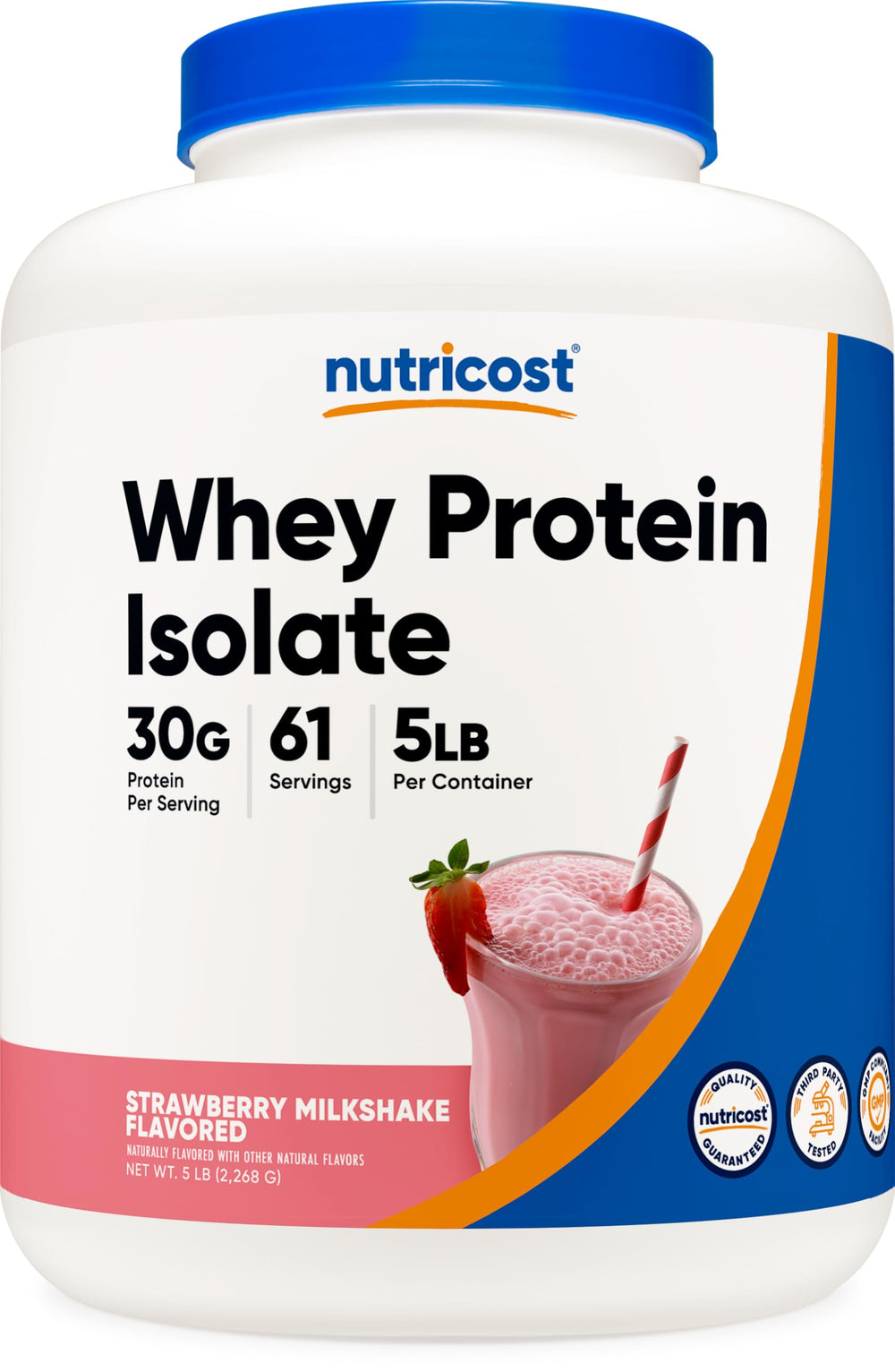 Nutricost Whey Protein Isolate Strawberry Milkshake bottle pouring into glass for a smooth shake.
