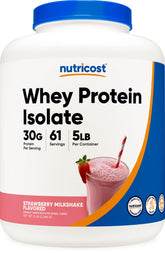 Nutricost Whey Protein Isolate Strawberry Milkshake bottle pouring into glass for a smooth shake.