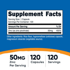 Nutricost Zinc Picolinate label close-up showing 50 mg per serving.