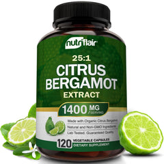 NutriFlair bergamot capsules bottle ready for daily supplementation.