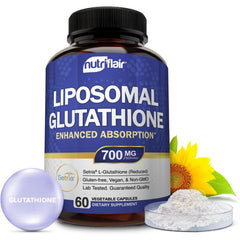 NutriFlair liposomal glutathione bottle top highlighting premium packaging for purity.