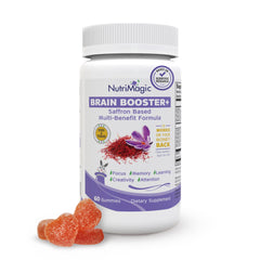 NutriMagic Brain Booster Gummies bottle with strawberry flavor for kid-friendly focus.