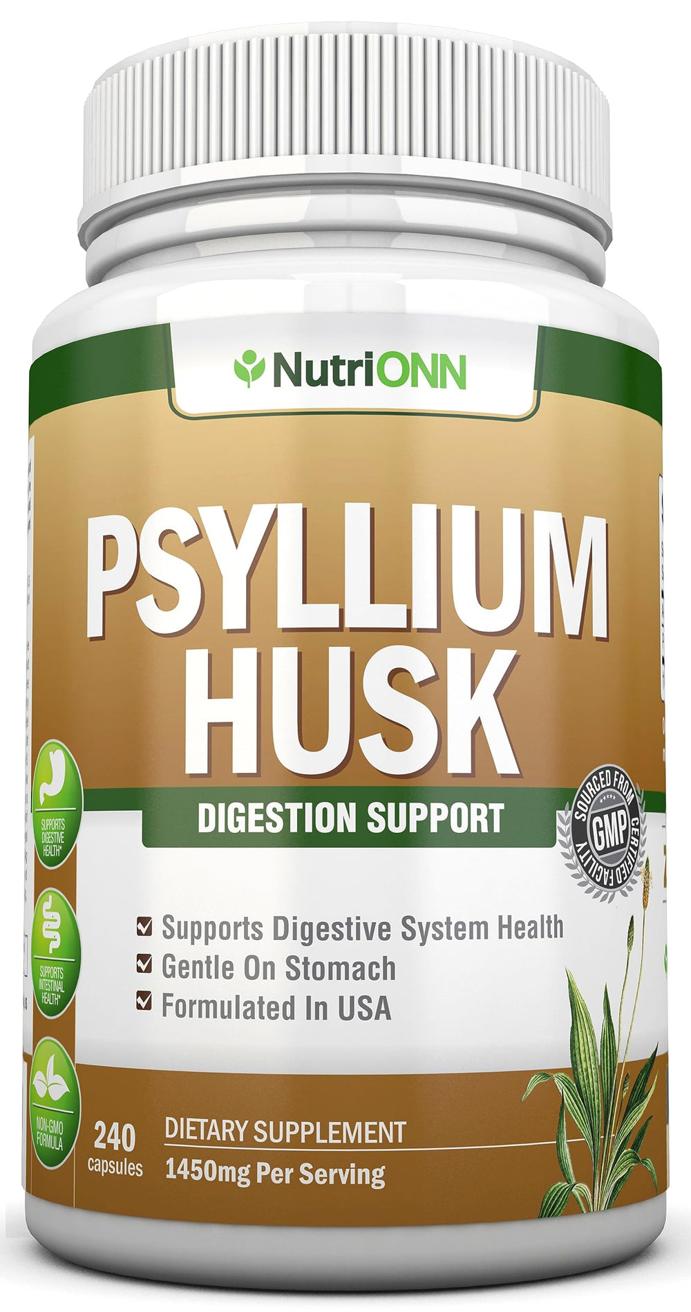 NutriONN Psyllium Husk Capsules bottle for daily fiber support.
