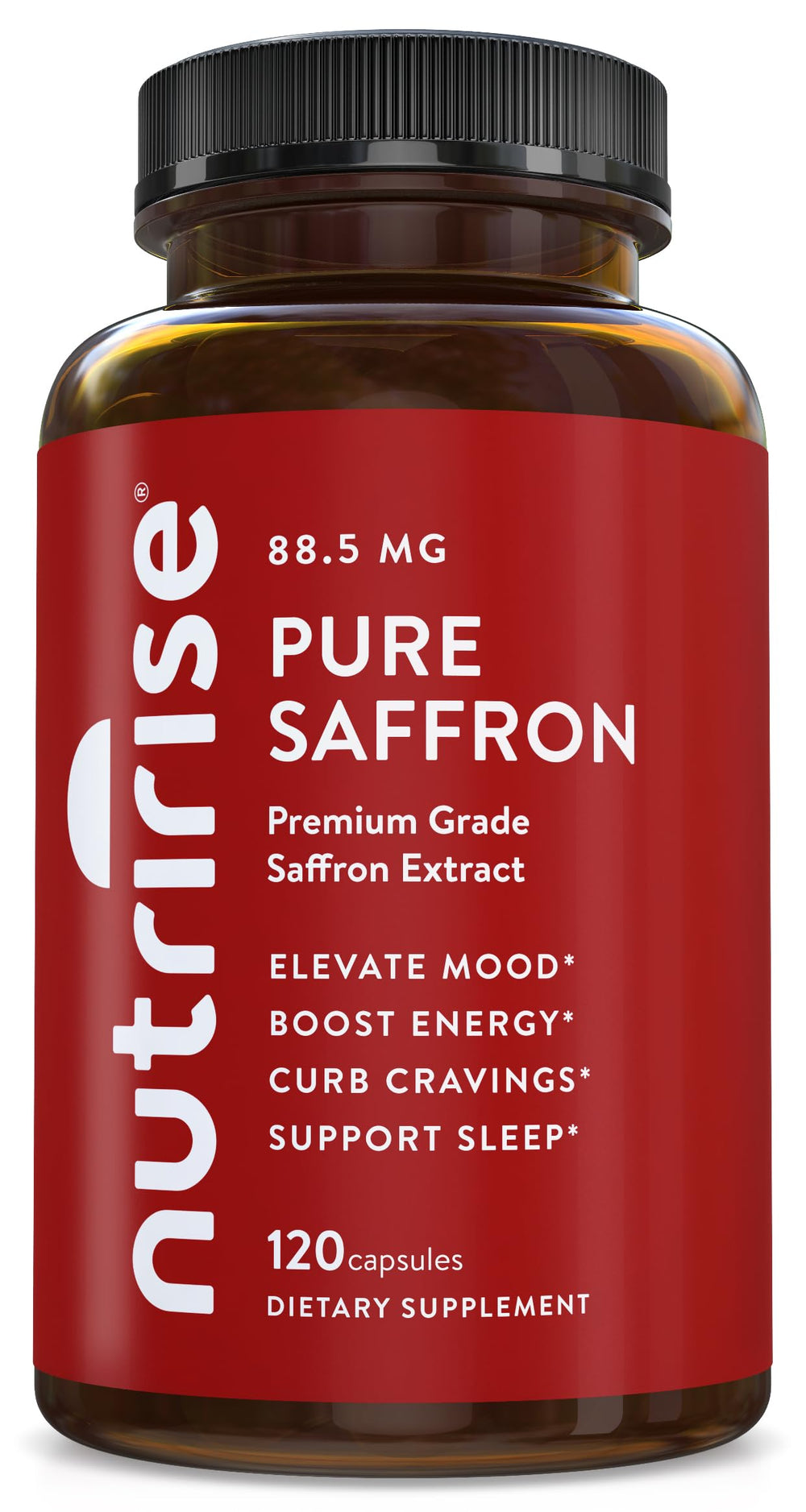 NutriRise saffron bottle showing mood and energy support with 88.5 mg extract