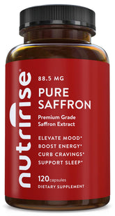 NutriRise saffron bottle showing mood and energy support with 88.5 mg extract