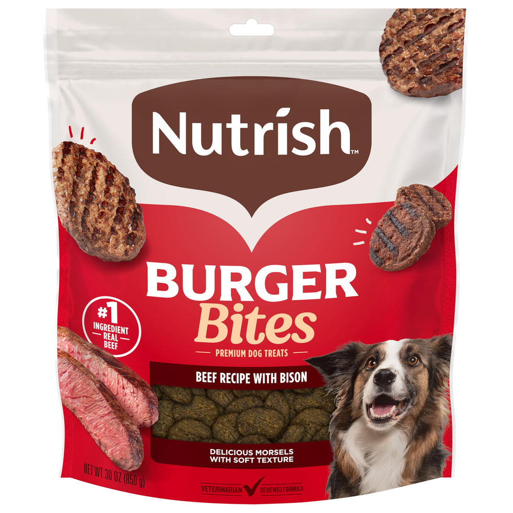 Nutrish Burger Bites beef and bison pouch—premium rewards for dogs of all sizes.