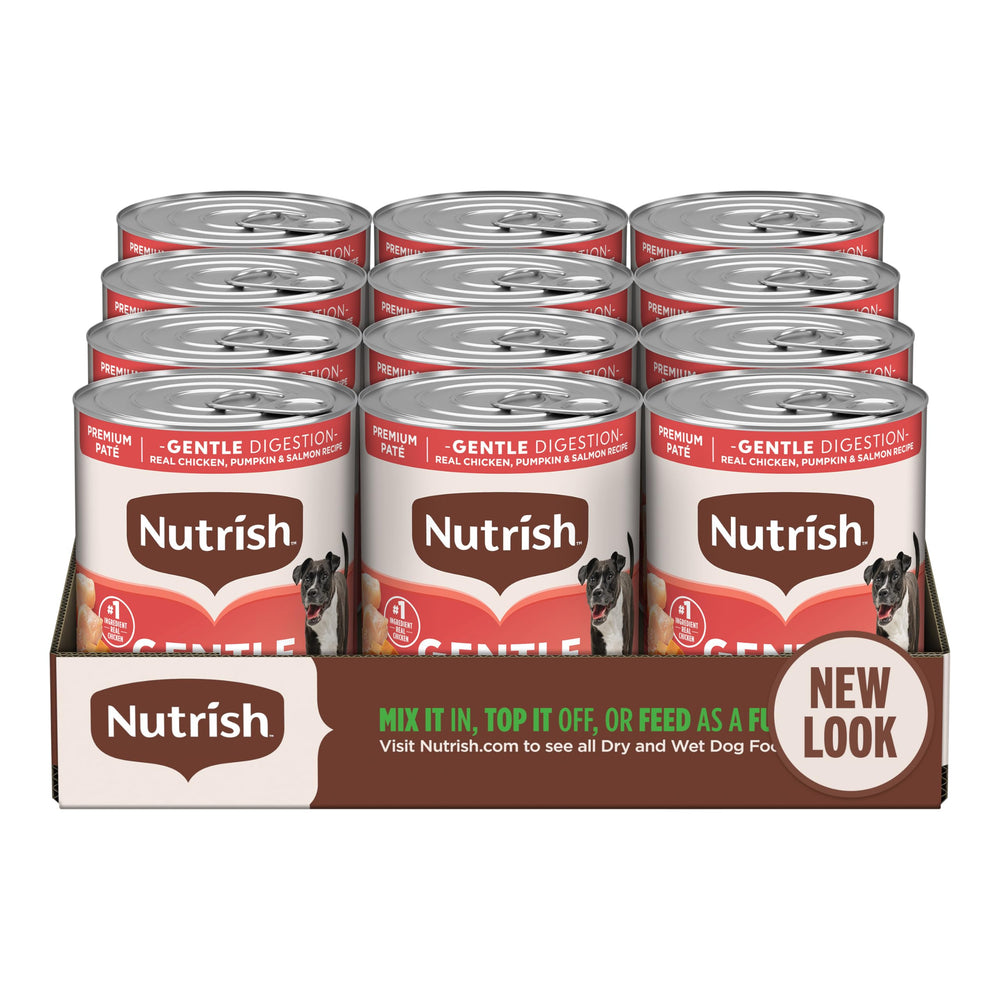 Nutrish Gentle Digestion pate with real chicken highlights first-ingredient quality.