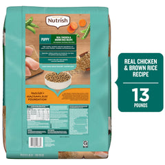 Close-up of Nutrish puppy recipe bag highlighting natural ingredients.