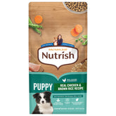 Nutrish Rachael Ray puppy real chicken brown rice bowl supports balanced meals.