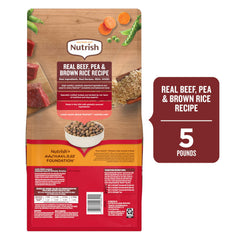 Nutrish Real Beef chunks in bowl close-up shows tender kibble.