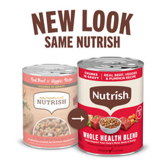 Nutrish Real Beef & Veggies chunks in gravy bowl served for a balanced meal.